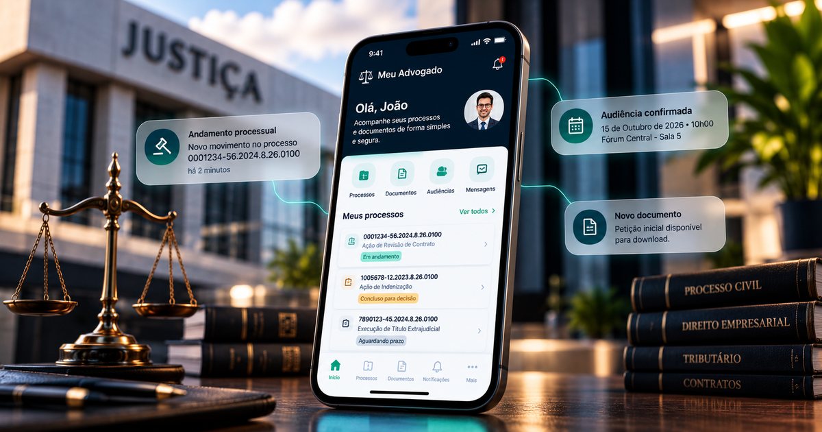App do cliente no celular com processos, aviso de andamento processual, audiência confirmada e novo documento