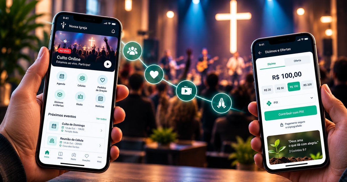 App da igreja no celular com culto ao vivo, agenda e células, e tela de dízimos e ofertas por PIX