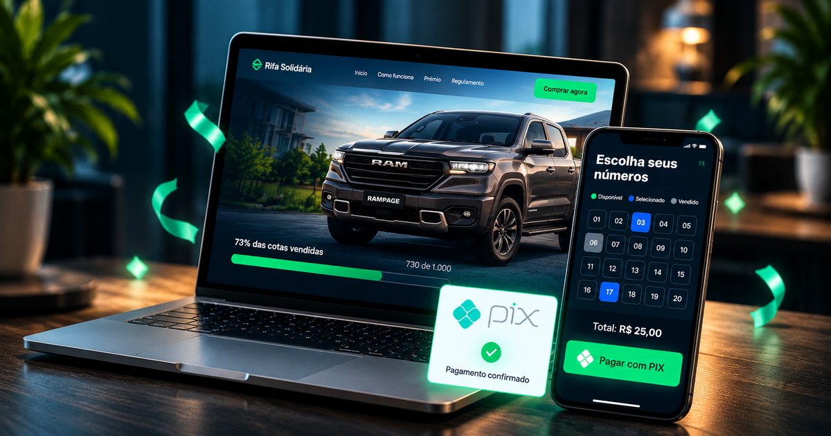 Site de rifas no notebook com barra de cotas vendidas e celular com cartela de números e pagamento confirmado por PIX