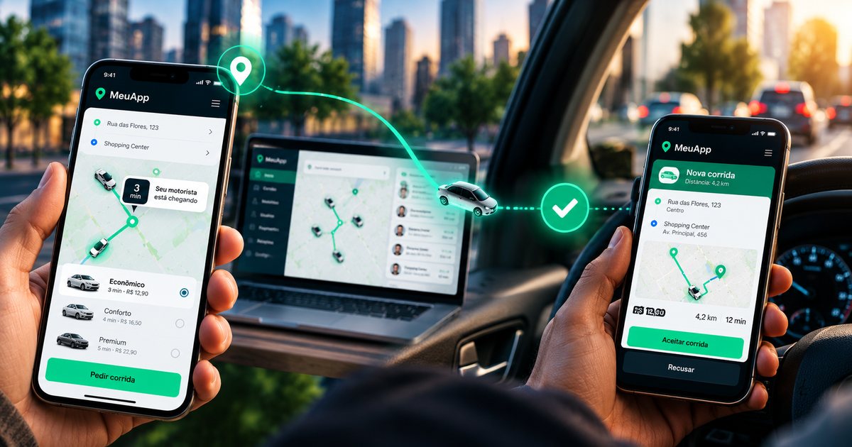 Passageiro pedindo corrida no celular, motorista aceitando no app e painel administrativo com os carros no mapa