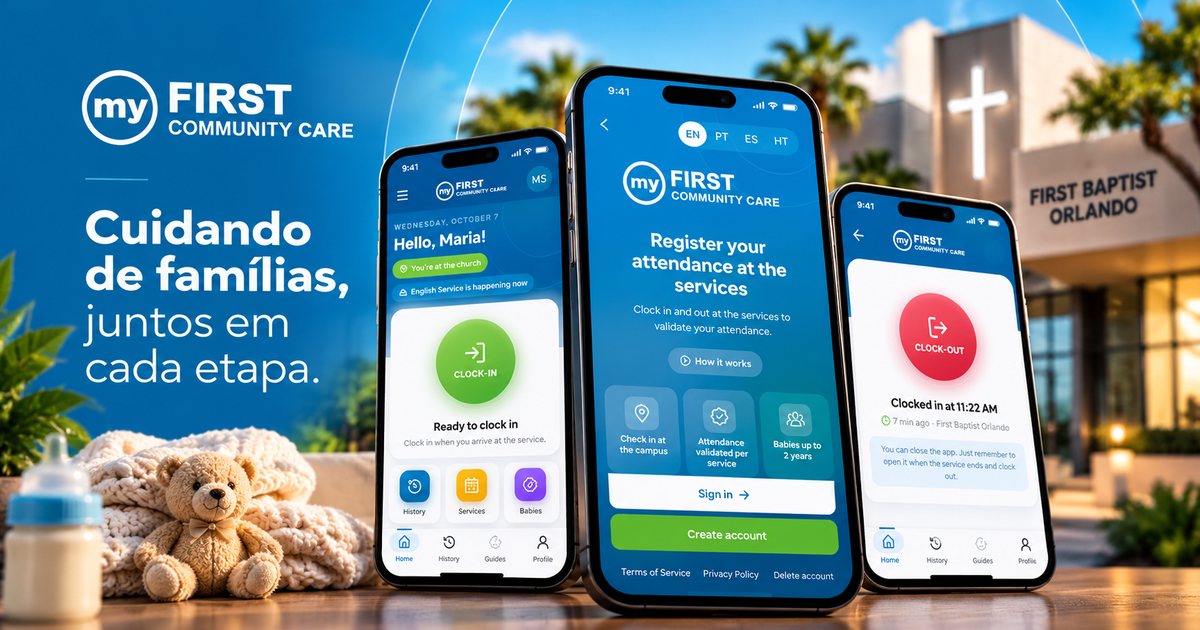 Telas do aplicativo My First Community Care da First Baptist Orlando