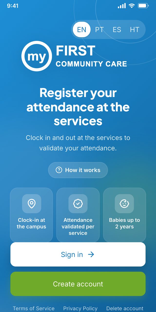 Tela de boas-vindas do app em quatro idiomas