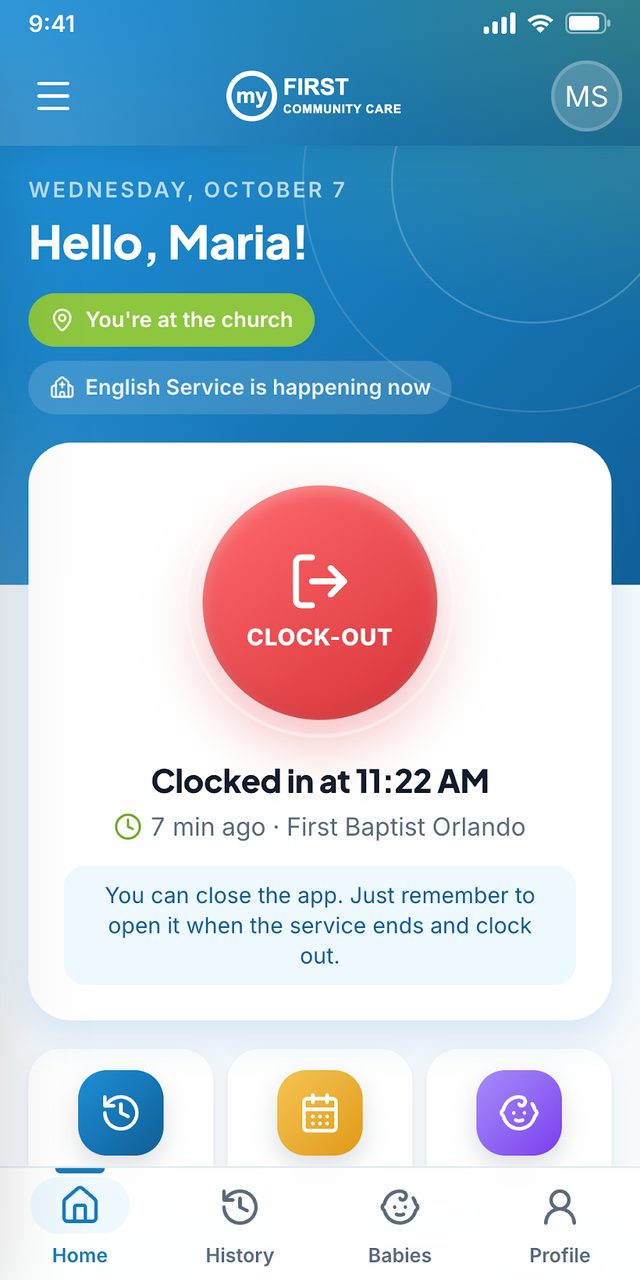 Tela com o botão de clock-out depois do clock-in