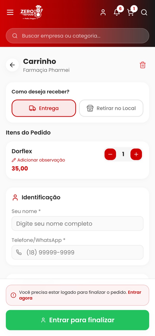Carrinho com a escolha entre entrega e retirada no local