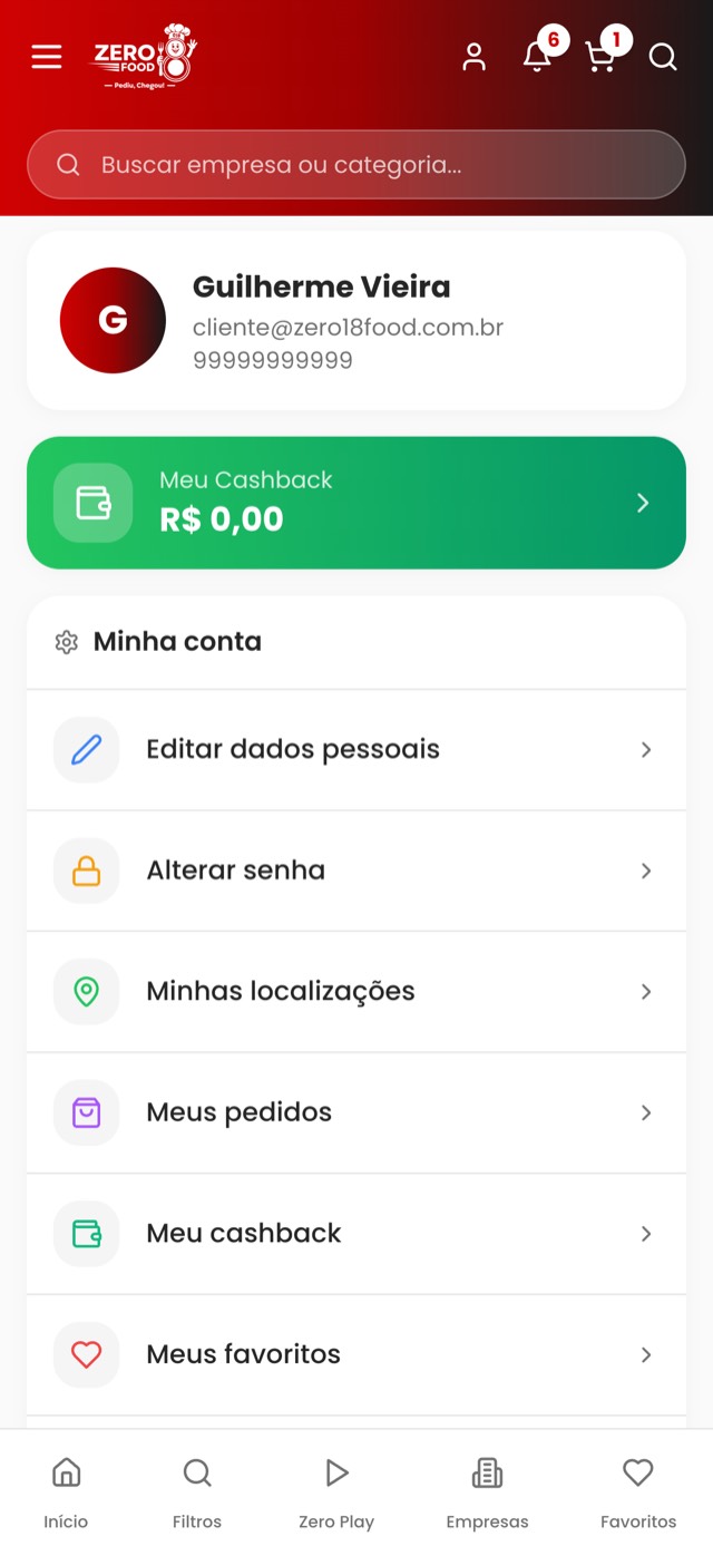 Minha conta com o saldo de cashback, pedidos e favoritos