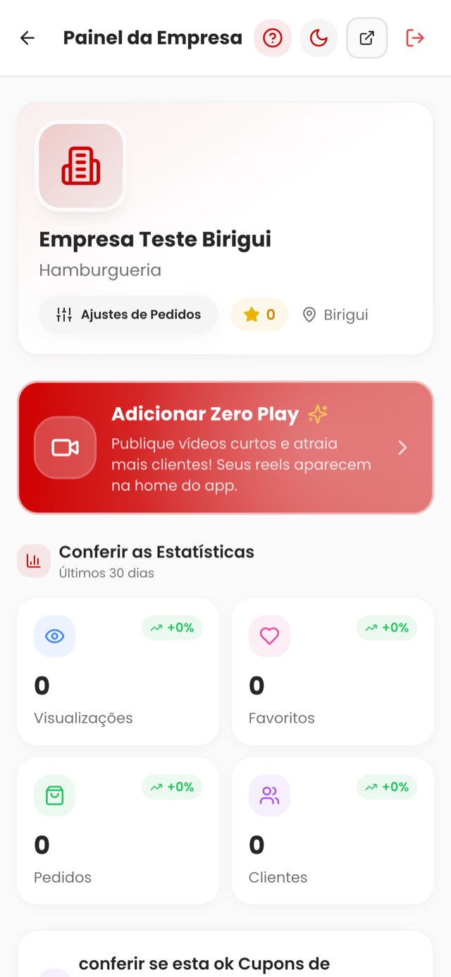Painel da empresa com o convite para adicionar vídeos no Zero18 Play e as estatísticas dos últimos 30 dias