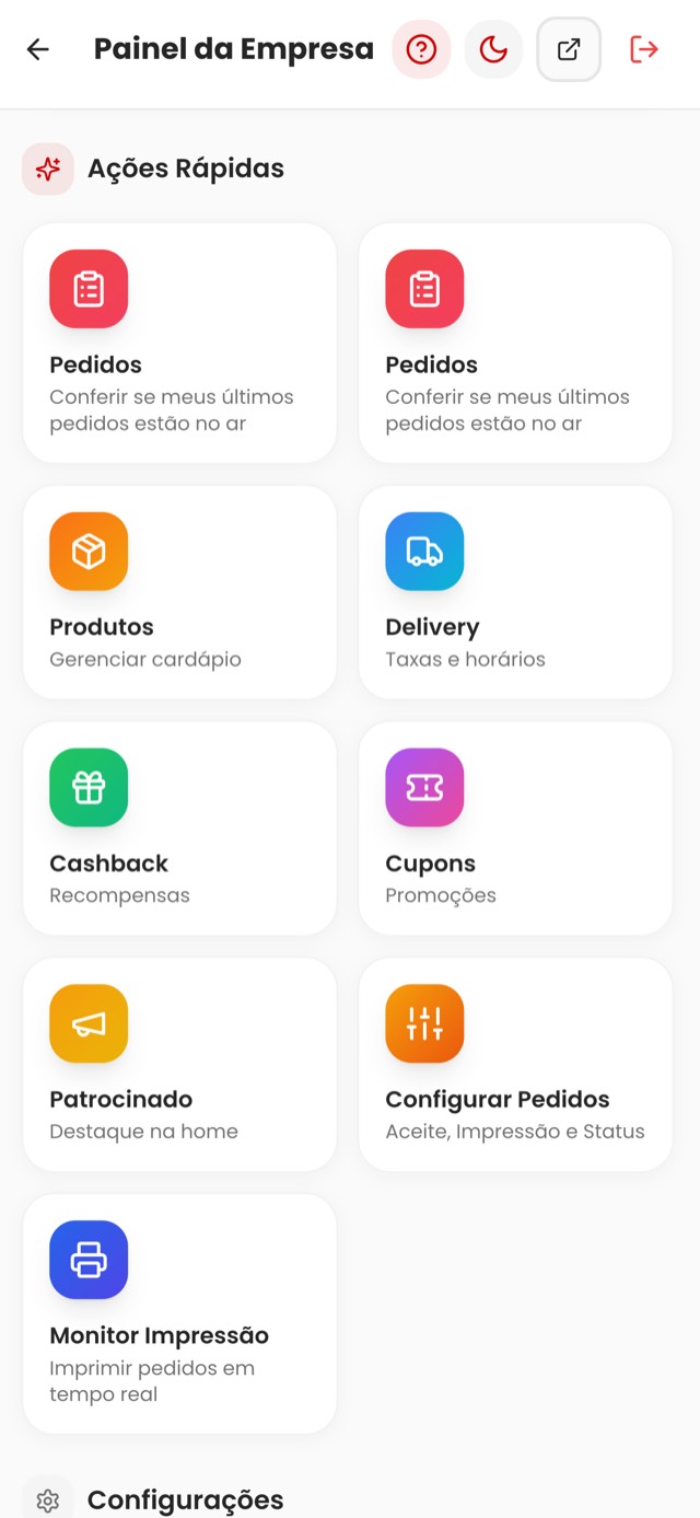 Ações rápidas do painel: pedidos, produtos, delivery, cashback, cupons e impressão