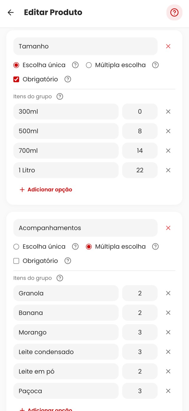 Edição de produto com grupos de tamanho e acompanhamentos