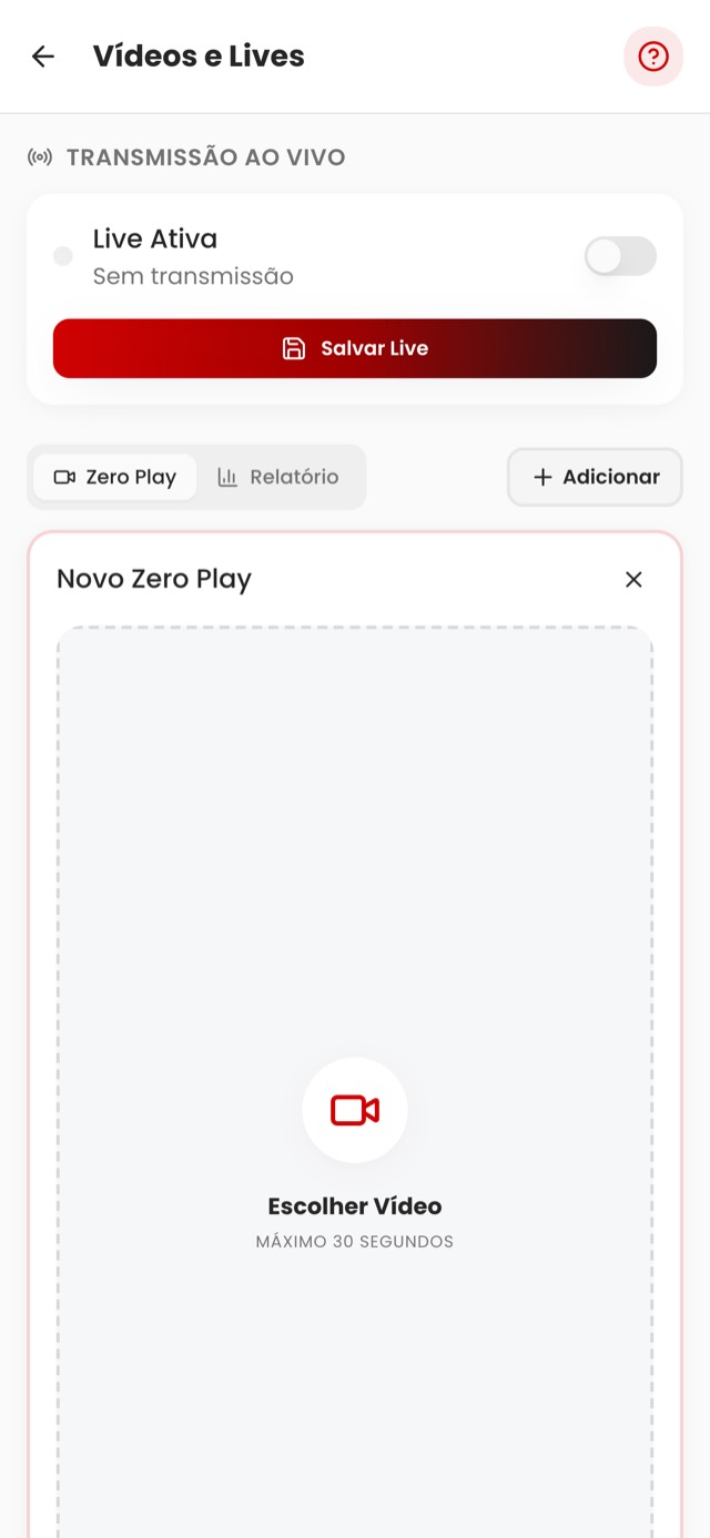 Tela de vídeos e lives do painel, com transmissão ao vivo e novo vídeo