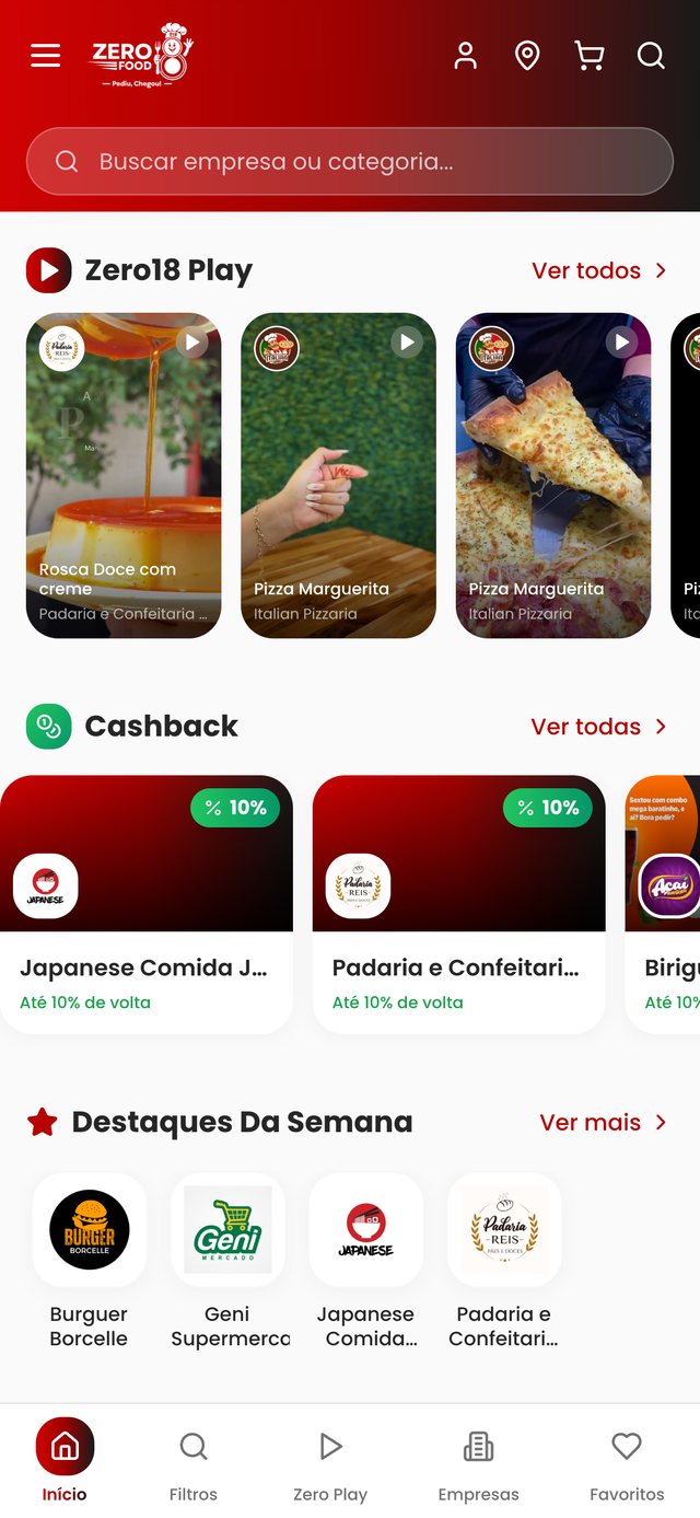 Tela inicial do Zero 18 Food com a seção Zero18 Play, cashback e destaques da semana