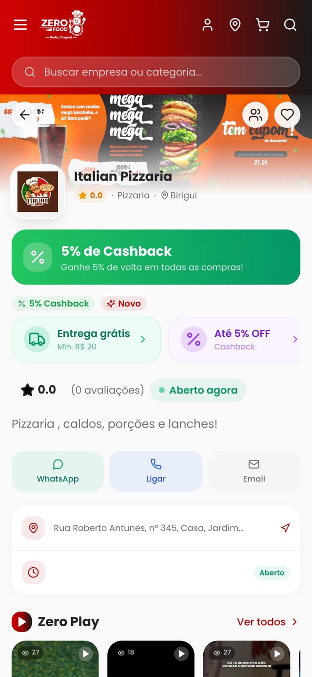 Página de uma pizzaria com cashback de 5%, entrega grátis e botões de WhatsApp, ligar e e-mail