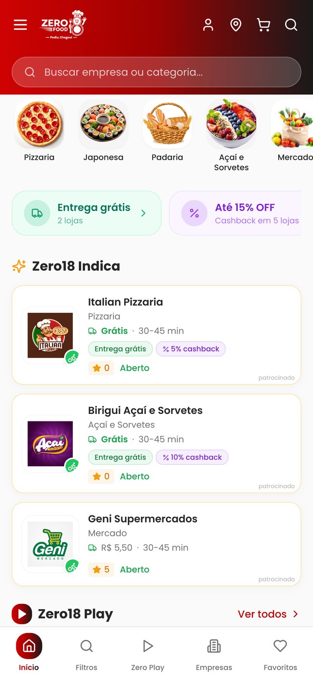 Tela inicial com categorias, entrega grátis, cashback e a seção Zero18 Indica