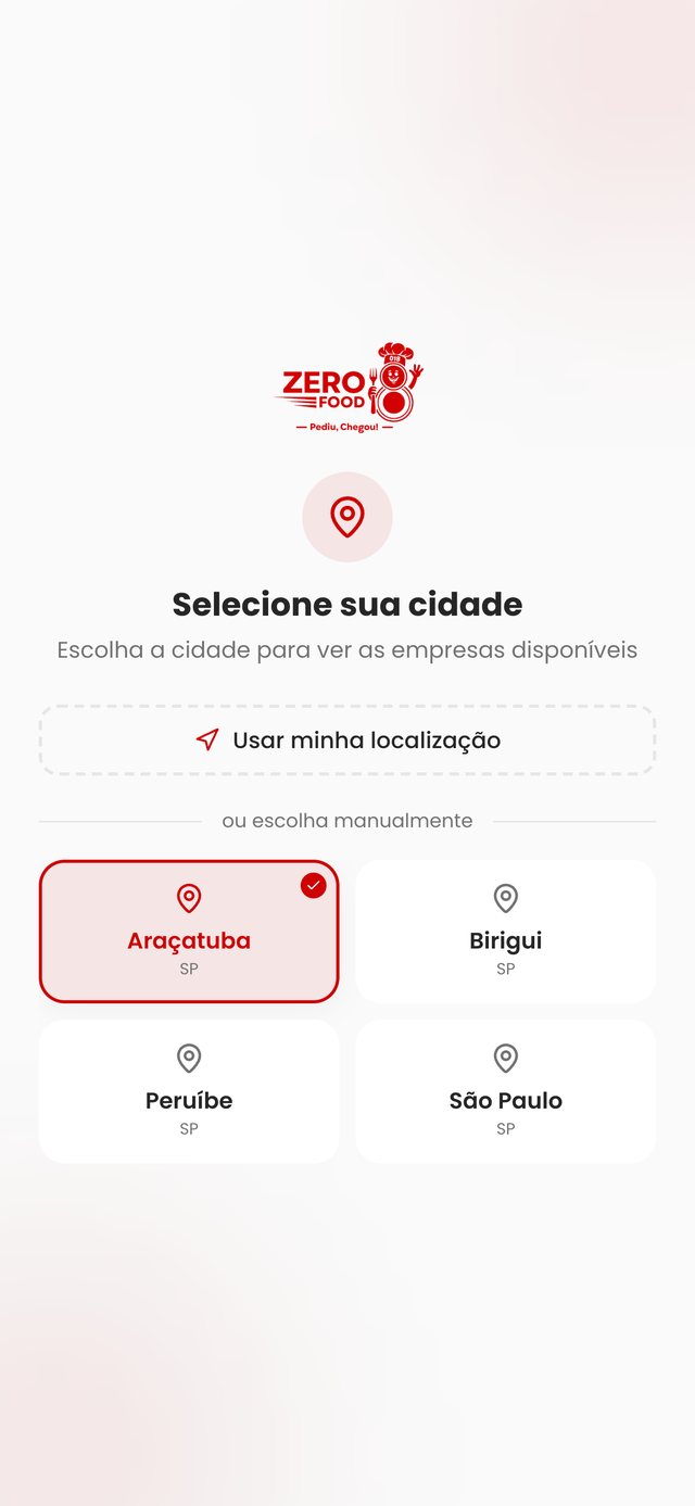 Tela de seleção de cidade com Araçatuba, Birigui e a opção de usar a localização